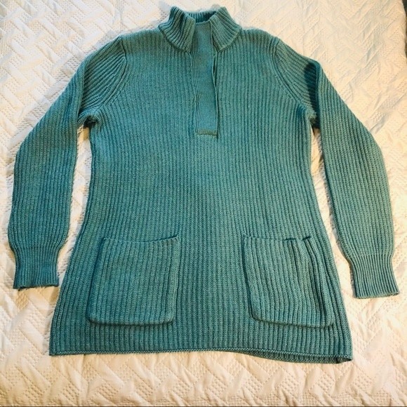 Soft Surroundings teal long sweater, 3 button placket, 2 pockets cotton blend, M - Picture 1 of 7